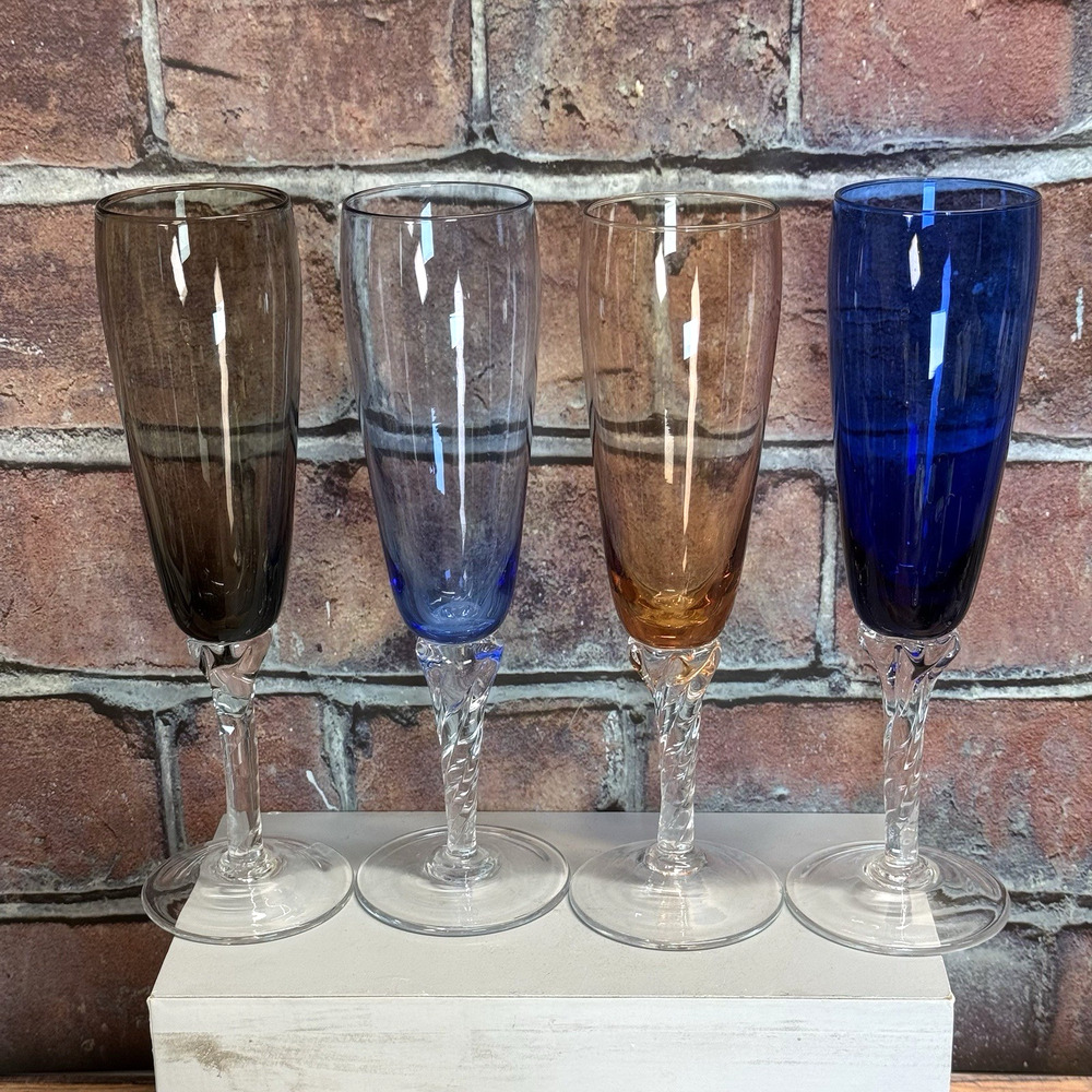 Vintage Murano Style Twisted Stem Champagne Flutes Glasses Set of 4 Multi-Color‎